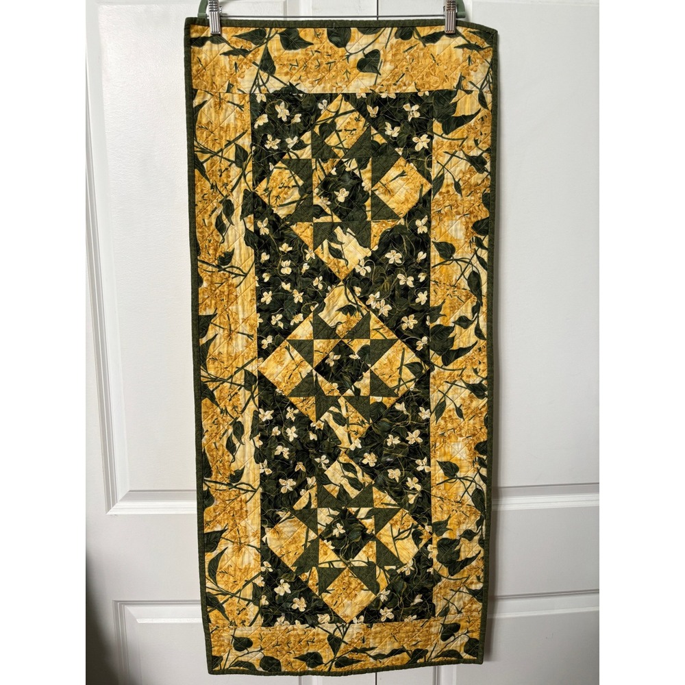 Handmade Quilted Floral Table Runner Wall Hanging Green Yellow Patchwork 44x20